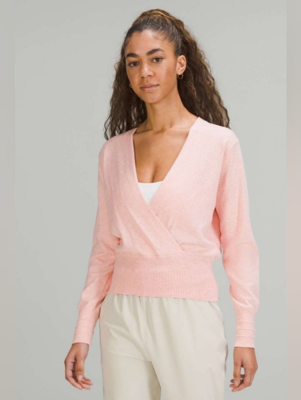 Lululemon Crossover Ribbed Waist Sweater Sz 10 Heathered Dew Pink